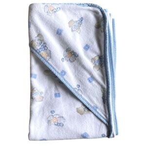 Vintage Rare Unisex Carters Cotton Hood Teddy Bear Kitten ABC Blanket Blue White